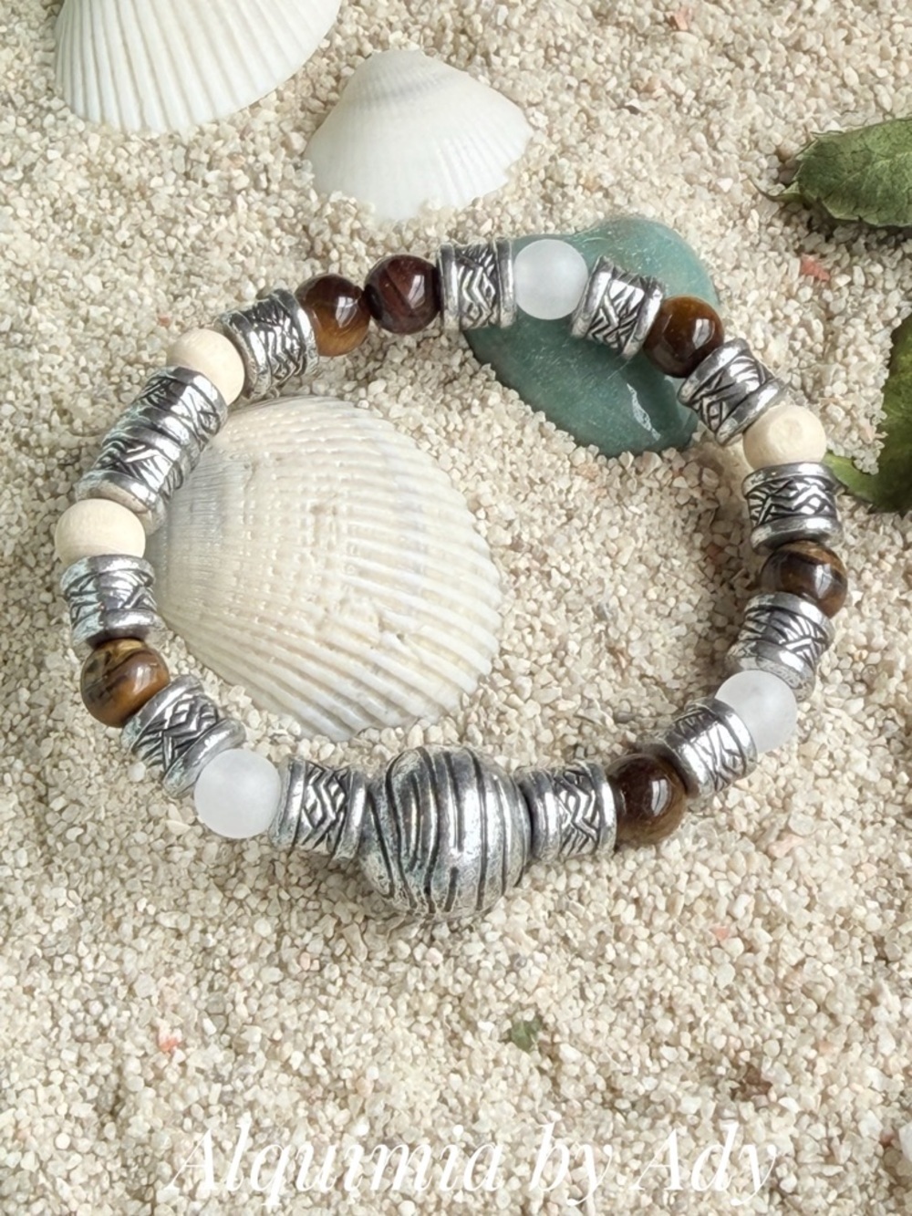 BEACH GLAM + tiger eye Cream & Silver Beaded Stretch Bracelet + sea glass